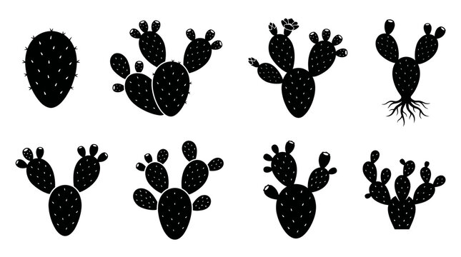 Collection of black silhouette nopal cactus vector illustration set showing various desert succulent plants with prickly pear fruits blooming flowers and roots on white background.