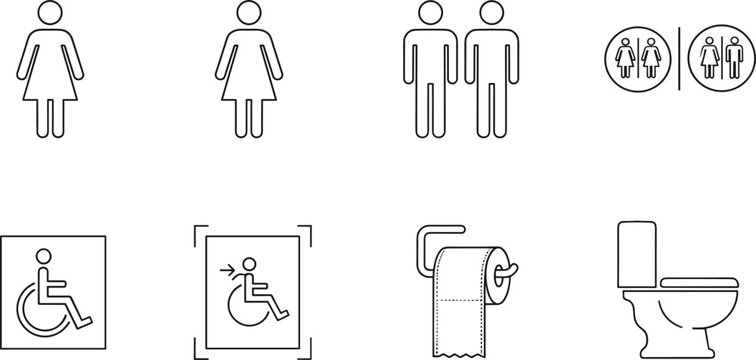 Public restroom and toilet sign vector line icon set with male female wheelchair accessible symbols and bathroom equipment