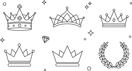 Royal crown and tiara queen princess majesty vector line icon set with laurel wreath diamond and luxury symbols © Hafizul
