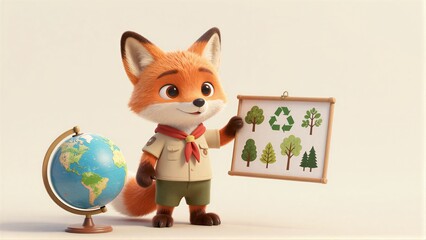 Fototapeta premium A fox scout holds a tree chart standing beside a globe.