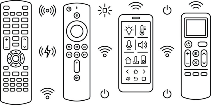 Smart home remote control vector line icon set with television controllers smartphone application interface and wireless communication signals