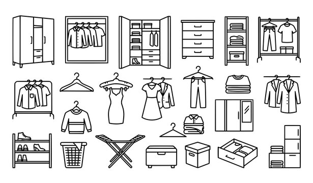 Creative wardrobe outline vector icon set with minimalist closet storage symbols