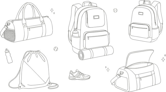 Travel backpack and gym duffel bag vector line icon set with drawstring sack sports sneaker and school luggage
