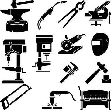 Heavy machinery and metalworking tools icons showing drill press anvil welding torch pliers vise band saw angle grinder welding mask caliper hammer and metal shear.