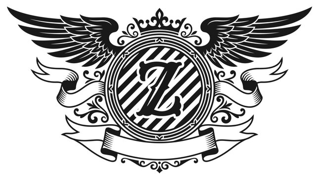 Emblem with Letter Z, Wings, Crown, and Ribbons