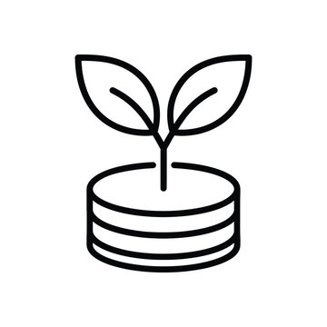 Line art icon of a plant growing from a stack of coins.
