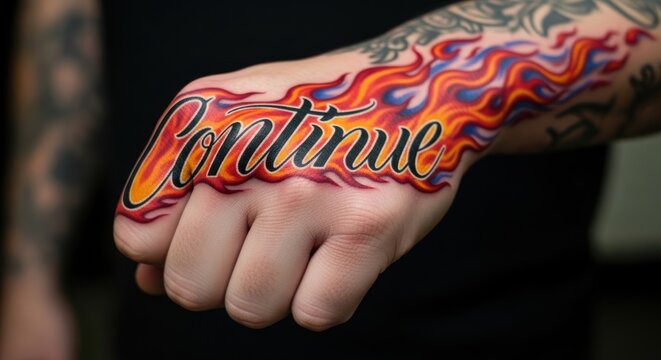 Close-up of a hand tattoo with the word Continue in fiery lettering.
