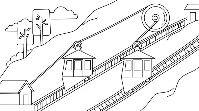 Funicular Railway on Mountain Slope with Cable Cars and Houses