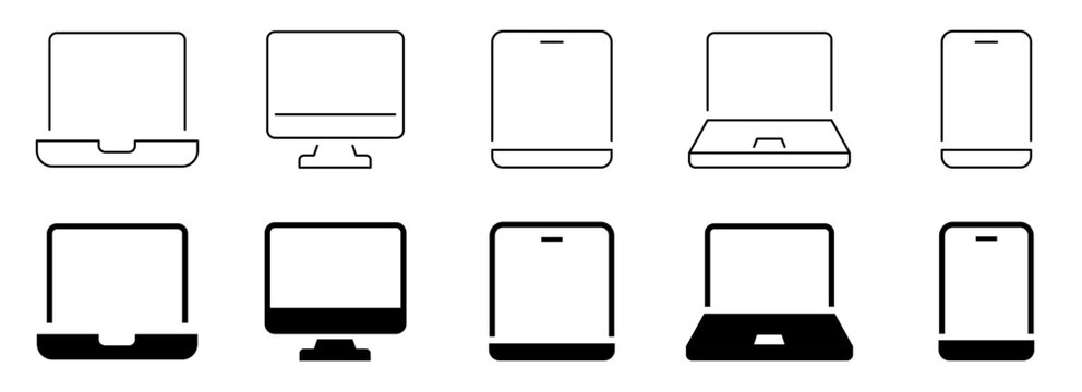 Responsive web design device icon set. Laptop, desktop monitor, tablet and smartphone outline and solid symbols. Editable stroke vector.