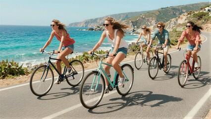 Fototapeta premium Friends bike along coastal road enjoying sunny day and ocean views.
