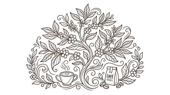 Coffee Plant Illustration with Cup and Bag - Hand-drawn Style