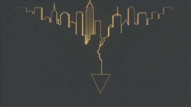 Golden city skyline collapses into downward arrow symbolizing