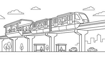 Naklejka premium Modern Monorail Train on Elevated Track in City
