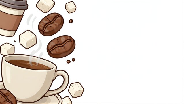 Coffee beans cup and sugar cubes float beside steaming coffee