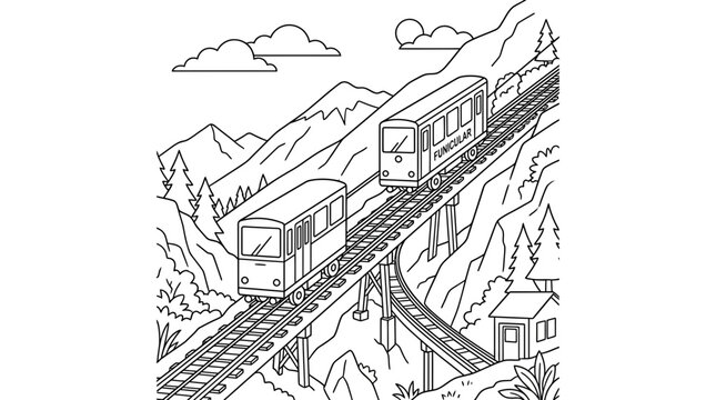 Funicular Railway in Mountains - Outline Drawing