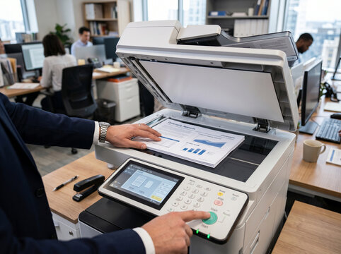 Businessman Using Office Printer Copier Machine for Document Scanning