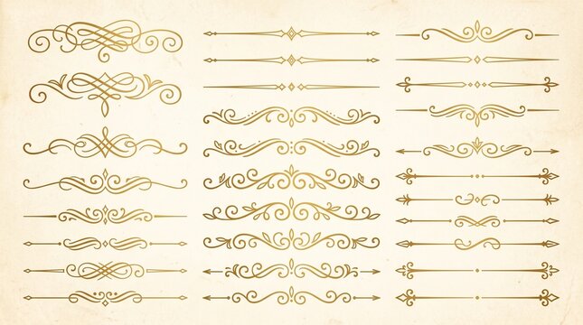 Elegant Golden Ornate Flourish Dividers and Borders Collection on Textured Background
