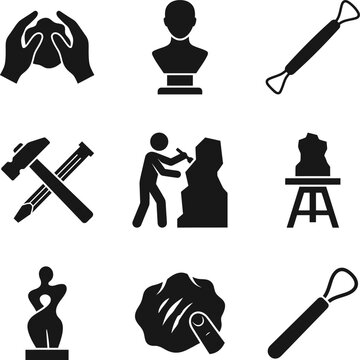 Sculpting tools and pottery icons set including clay modeling hands bust statue mallet chisel rasp sculpting stand wire tool and sculpture craft elements collection.
