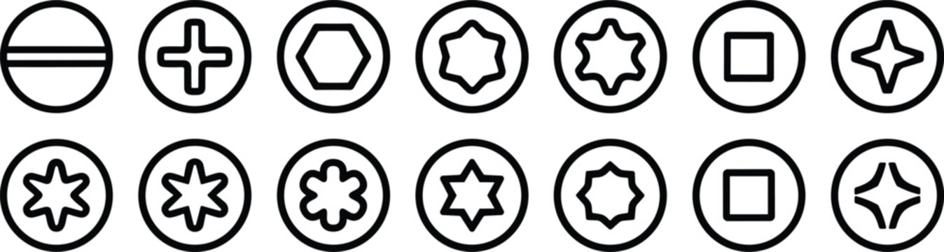 Screw Drive Head Icons Vector Set Featuring Phillips Torx Hex Square and Slotted Fastener Types