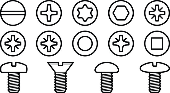 Screw Head Drive Types and Machine Screw Vector Set with Fastener Icons Technical Hardware Illustration