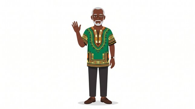 Smiling African American elderly man with gray hair and beard wearing a green dashiki shirt and glasses waving hello