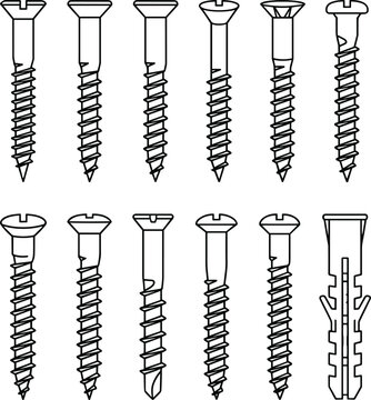 Wood Screws and Wall Plug Fastener Vector Set with Countersunk Slotted Screw Hardware Collection