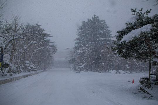 Hanamaki Onsen in Iwate Prefecture, Japan, during a blizzard