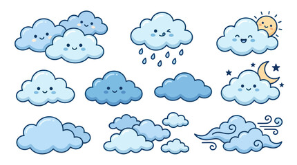 Obraz premium Cute Kawaii Clouds Collection: Sun, Rain, Moon, Stars, Wind