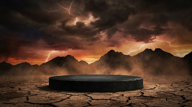 Dramatic landscape with dark clouds lightning and a circular platform on cracked earth under a fiery sunset sky