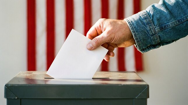 Individual casting vote into ballot box with american flag in background symbolizing democracy and civic duty during election season