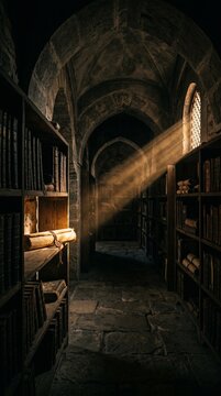 Dark stone walled library corridor of