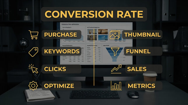 Conversion rate optimization dashboard, digital marketing sales funnel metrics, e-commerce analytics and business growth strategy concept