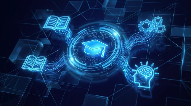 Digital learning concept featuring open books graduation cap light bulb and gears representing knowledge education and innovation in a futuristic blue background