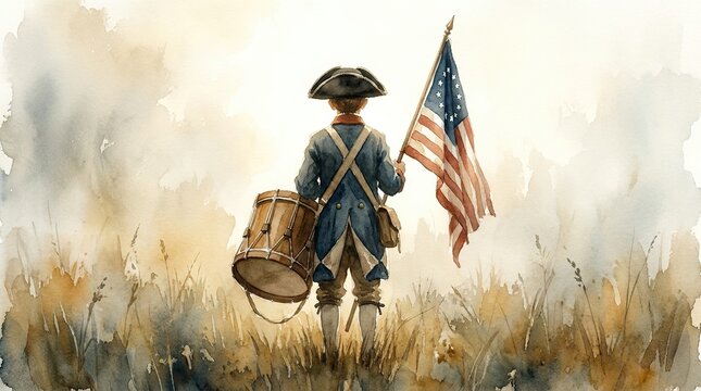 Young revolutionary war soldier holding american flag and drum stands in tall grass embracing freedom and patriotism in a soft watercolor style with warm tones