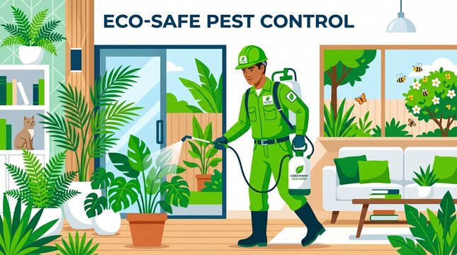 Eco-safe pest control professional spraying plants indoors with a backpack sprayer promoting green living and environmental care