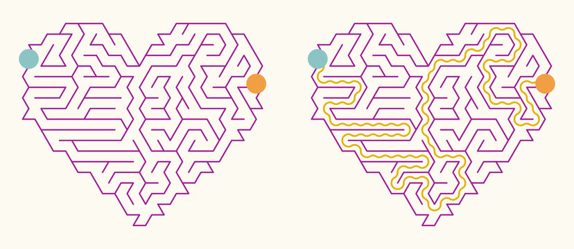 Heart-shaped maze for kids activity with colorful pathways and dots  