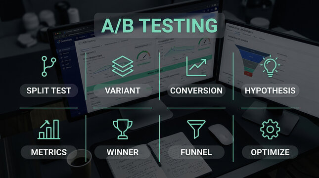 A/B testing digital marketing concept, split test conversion optimization icons, data analysis dashboard on computer screens in dark office