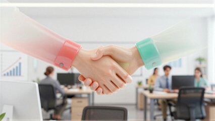 Fototapeta premium Two hands shake in a modern office symbolizing partnership and