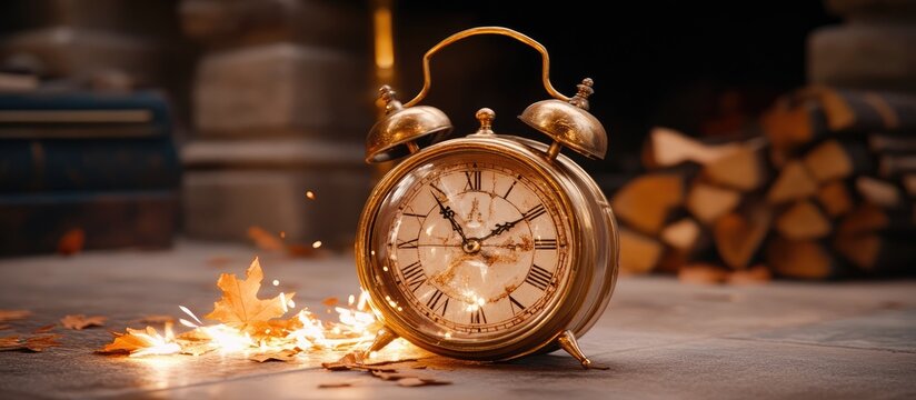 Autumn clock near fireplace. Cozy fall scene