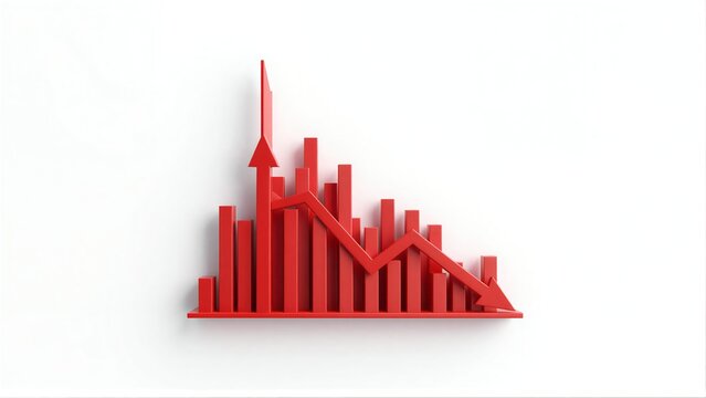 Red graph with city skyline rising then falling arrows on white