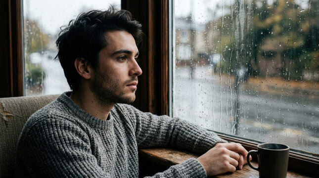Melancholic man looking out window on rainy day, pensive young male in grey sweater, thoughtful person with coffee cup in moody cafe