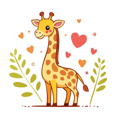 Fototapeta premium Cute cartoon giraffe with hearts and leaves