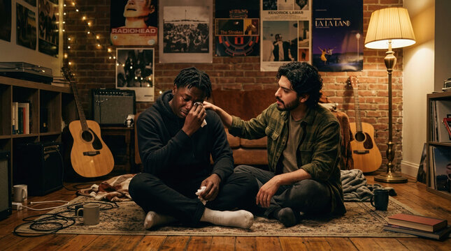 Compassionate friend comforting crying man in cozy apartment, emotional support and mental health concept, diverse male friends sharing a vulnerable moment