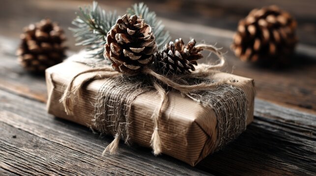 Rustic gift package with pinecones and twine on wooden table, perfect for holiday celebrations and seasonal decorations, showcasing natural elements and festive spirit