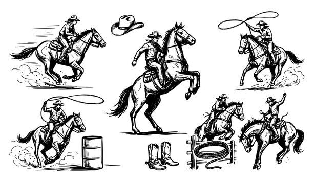 Horse Rodeo Cowboy Vector Set with Dynamic Western Riding Action Illustrations