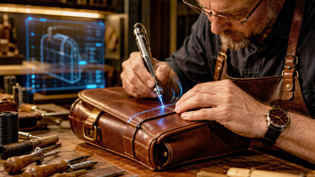 Leather artisan stitching a bag with an AI guided needle that vibrates to ensure ergonomic optimal path