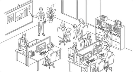 Obraz premium Isometric office scene with people working presenting and collaborating in a detailed line drawing workspace employees