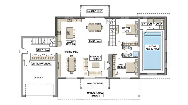 Luxury mountain chalet floor plan with indoor pool