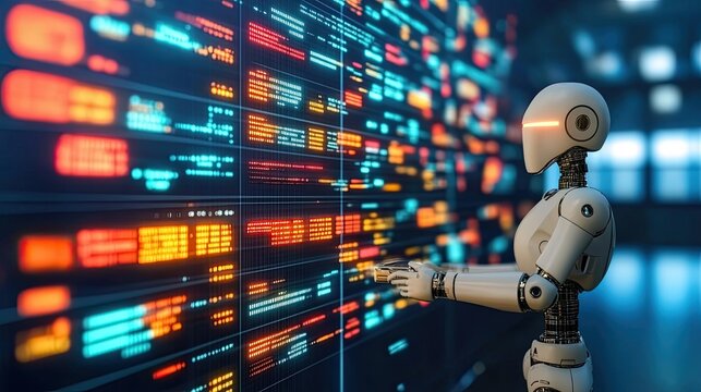 Robot analyzing data stream; futuristic tech background; AI programming