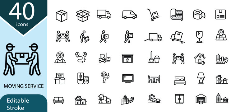 Moving service vector outline icon set collection for logistics and relocation with logistics shipping delivery transport relocation warehouse